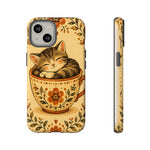 Teacup Cat Phone Case, Cozy Folk Illustration Art Cover