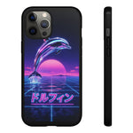 Neon Dolphin Retro Wave Tough Case | Vaporwave Japanese Text, 80s Synth Sunset