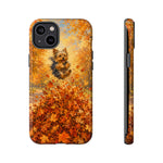 Yorkshire Terrier Jumping in Autumn Leaves Tough Case | Fall Dog Phone Cover