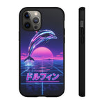 Neon Dolphin Retro Wave Tough Case | Vaporwave Japanese Text, 80s Synth Sunset