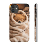 Pomeranian Puppy Burrito Phone Case, Cozy Blanket Portrait