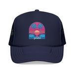 Retro Sunset Palm Paradise Foam Trucker Hat | 80s Vaporwave Beach Cap