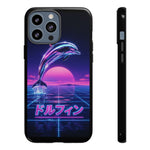 Neon Dolphin Retro Wave Tough Case | Vaporwave Japanese Text, 80s Synth Sunset