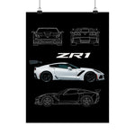Chevy C7 ZR1 Poster Wall Art Print Supercar Blueprint Garage Decor