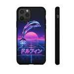 Neon Dolphin Retro Wave Tough Case | Vaporwave Japanese Text, 80s Synth Sunset