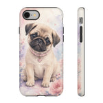 Pug Puppy Phone Case, Pastel Watercolor Heart Collar Cover