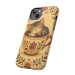 Teacup Cat Phone Case, Cozy Folk Illustration Art Cover