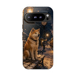 Shiba Inu at Snowy Train Station Phone Case | Winter Dog Scene