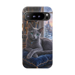 Regal Russian Blue Cat on Cushion Phone Case | Winter Castle Scene