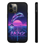 Neon Dolphin Retro Wave Tough Case | Vaporwave Japanese Text, 80s Synth Sunset