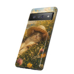 Summer Sunhat Cat Phone Case, Painterly Grass Art Cover