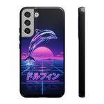 Neon Dolphin Retro Wave Tough Case | Vaporwave Japanese Text, 80s Synth Sunset