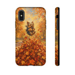 Yorkshire Terrier Jumping in Autumn Leaves Tough Case | Fall Dog Phone Cover