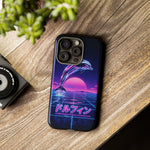 Neon Dolphin Retro Wave Tough Case | Vaporwave Japanese Text, 80s Synth Sunset