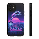 Neon Dolphin Retro Wave Tough Case | Vaporwave Japanese Text, 80s Synth Sunset