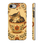 Teacup Cat Phone Case, Cozy Folk Illustration Art Cover