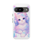 Pastel Cat Phone Case, Headphones Glitch Color Block Cover