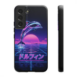 Neon Dolphin Retro Wave Tough Case | Vaporwave Japanese Text, 80s Synth Sunset