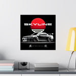 R34 Skyline Matte Poster – Black JDM Car with Rising Sun Art