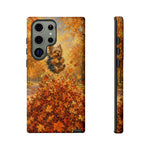 Yorkshire Terrier Jumping in Autumn Leaves Tough Case | Fall Dog Phone Cover