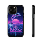Neon Dolphin Retro Wave Tough Case | Vaporwave Japanese Text, 80s Synth Sunset