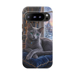 Regal Russian Blue Cat on Cushion Phone Case | Winter Castle Scene