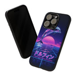 Neon Dolphin Retro Wave Tough Case | Vaporwave Japanese Text, 80s Synth Sunset