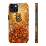 Yorkshire Terrier Jumping in Autumn Leaves Tough Case | Fall Dog Phone Cover