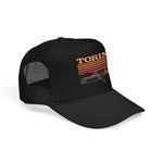 Torino Foam Trucker Hat – Retro Sunset Muscle Car Snapback Mesh Cap Vintage Stripe Graphic Style