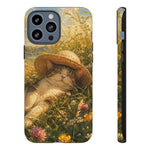Summer Sunhat Cat Phone Case, Painterly Grass Art Cover