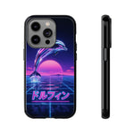 Neon Dolphin Retro Wave Tough Case | Vaporwave Japanese Text, 80s Synth Sunset