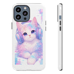 Pastel Cat Phone Case, Headphones Glitch Color Block Cover