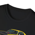 Yellow 1973 Duster Classic Car T-Shirt | Vintage Muscle Car Illustration
