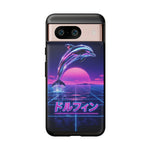 Neon Dolphin Retro Wave Tough Case | Vaporwave Japanese Text, 80s Synth Sunset