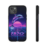 Neon Dolphin Retro Wave Tough Case | Vaporwave Japanese Text, 80s Synth Sunset