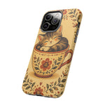 Teacup Cat Phone Case, Cozy Folk Illustration Art Cover