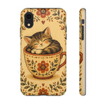 Teacup Cat Phone Case, Cozy Folk Illustration Art Cover