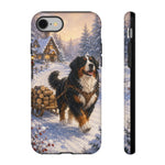Bernese Mountain Dog Winter Scene phone case | snowy cabin, log cart