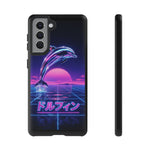 Neon Dolphin Retro Wave Tough Case | Vaporwave Japanese Text, 80s Synth Sunset
