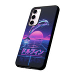 Neon Dolphin Retro Wave Tough Case | Vaporwave Japanese Text, 80s Synth Sunset