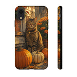 Tabby Cat with Pumpkins phone case | Autumn Halloween fall scene