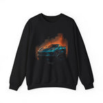 Corvette C8 Sweatshirt – Blue Mid-Engine Supercar with Fire Backdrop
