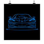 C8 Poster Blue Line Art Front View Chevy Sports Car Wall Print Garage Decor