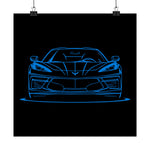 C8 Poster Blue Line Art Front View Chevy Sports Car Wall Print Garage Decor