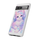 Pastel Cat Phone Case, Headphones Glitch Color Block Cover