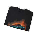 Corvette C8 Sweatshirt – Blue Mid-Engine Supercar with Fire Backdrop