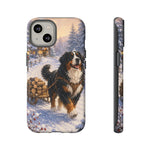 Bernese Mountain Dog Winter Scene phone case | snowy cabin, log cart