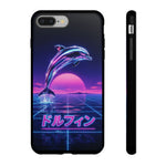 Neon Dolphin Retro Wave Tough Case | Vaporwave Japanese Text, 80s Synth Sunset