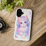 Pastel Cat Phone Case, Headphones Glitch Color Block Cover