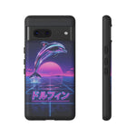 Neon Dolphin Retro Wave Tough Case | Vaporwave Japanese Text, 80s Synth Sunset